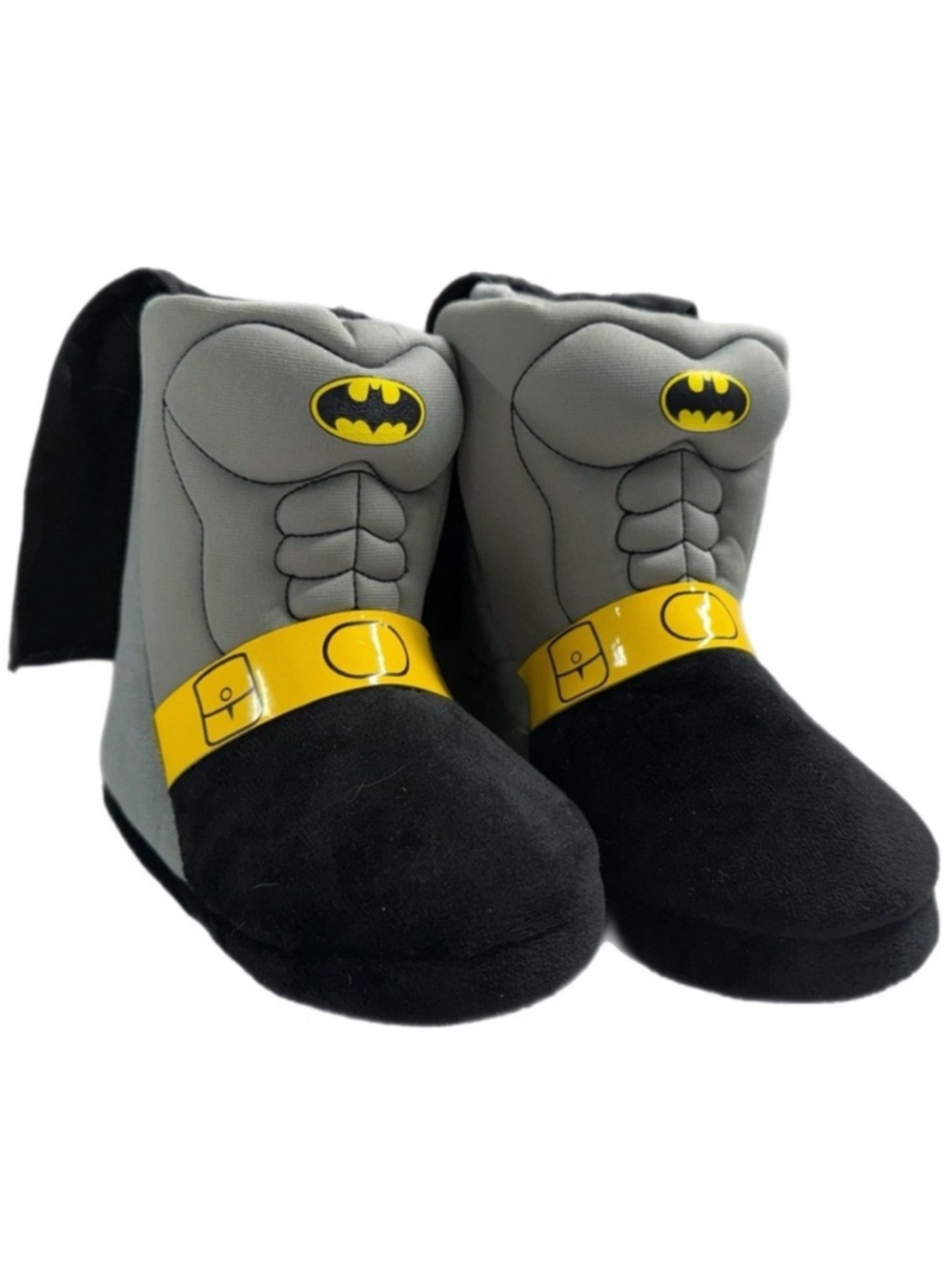 EUC DC Comics BATMAN Kid's Slippers Boots W/Capes Size 7/8 Black Yellow Gray